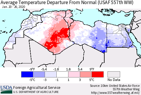 North Africa Average Temperature Departure from Normal (USAF 557th WW) Thematic Map For 1/20/2020 - 1/26/2020