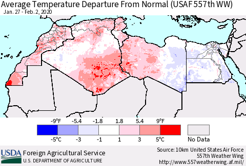 North Africa Average Temperature Departure from Normal (USAF 557th WW) Thematic Map For 1/27/2020 - 2/2/2020
