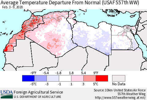 North Africa Average Temperature Departure from Normal (USAF 557th WW) Thematic Map For 2/3/2020 - 2/9/2020