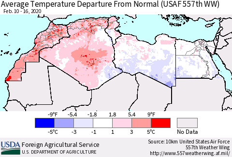 North Africa Average Temperature Departure from Normal (USAF 557th WW) Thematic Map For 2/10/2020 - 2/16/2020