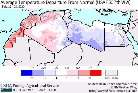 North Africa Average Temperature Departure from Normal (USAF 557th WW) Thematic Map For 2/17/2020 - 2/23/2020