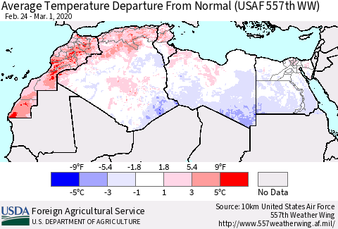North Africa Average Temperature Departure from Normal (USAF 557th WW) Thematic Map For 2/24/2020 - 3/1/2020