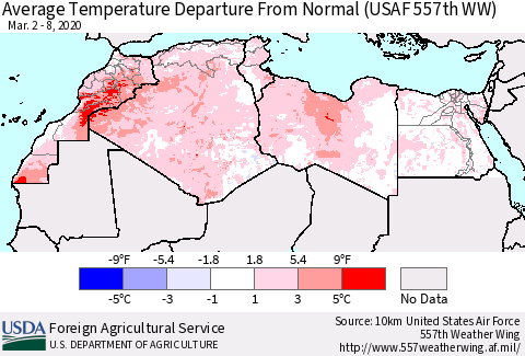 North Africa Average Temperature Departure from Normal (USAF 557th WW) Thematic Map For 3/2/2020 - 3/8/2020