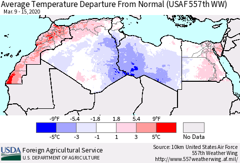 North Africa Average Temperature Departure from Normal (USAF 557th WW) Thematic Map For 3/9/2020 - 3/15/2020