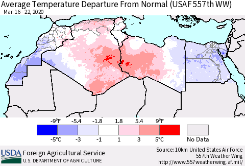 North Africa Average Temperature Departure from Normal (USAF 557th WW) Thematic Map For 3/16/2020 - 3/22/2020