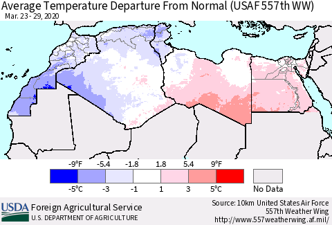 North Africa Average Temperature Departure from Normal (USAF 557th WW) Thematic Map For 3/23/2020 - 3/29/2020