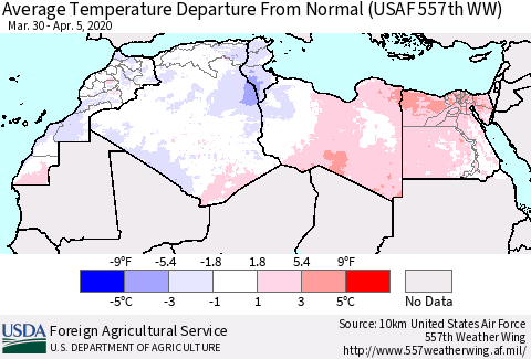 North Africa Average Temperature Departure from Normal (USAF 557th WW) Thematic Map For 3/30/2020 - 4/5/2020