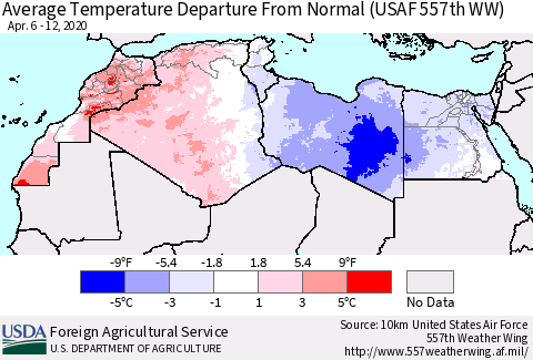 North Africa Average Temperature Departure from Normal (USAF 557th WW) Thematic Map For 4/6/2020 - 4/12/2020