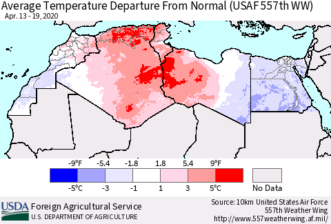 North Africa Average Temperature Departure from Normal (USAF 557th WW) Thematic Map For 4/13/2020 - 4/19/2020
