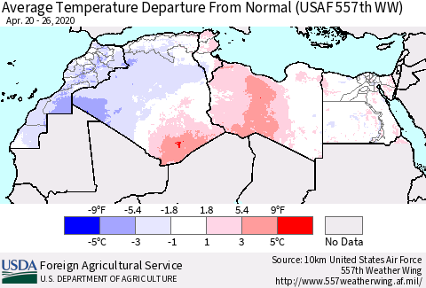 North Africa Average Temperature Departure from Normal (USAF 557th WW) Thematic Map For 4/20/2020 - 4/26/2020