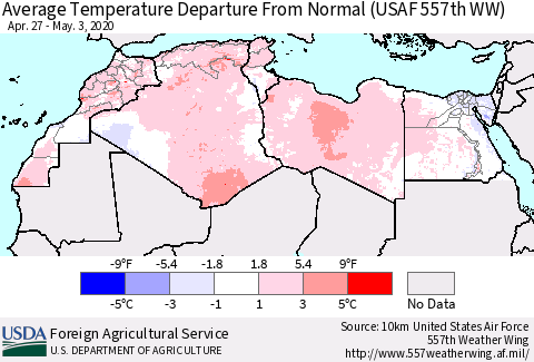North Africa Average Temperature Departure from Normal (USAF 557th WW) Thematic Map For 4/27/2020 - 5/3/2020