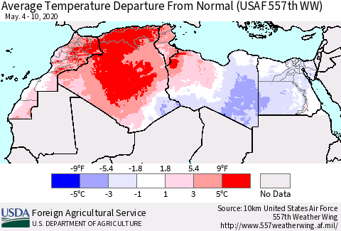 North Africa Average Temperature Departure from Normal (USAF 557th WW) Thematic Map For 5/4/2020 - 5/10/2020