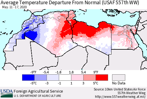 North Africa Average Temperature Departure from Normal (USAF 557th WW) Thematic Map For 5/11/2020 - 5/17/2020