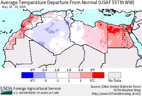 North Africa Average Temperature Departure from Normal (USAF 557th WW) Thematic Map For 5/18/2020 - 5/24/2020