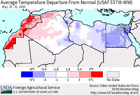 North Africa Average Temperature Departure from Normal (USAF 557th WW) Thematic Map For 5/25/2020 - 5/31/2020