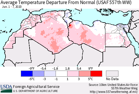 North Africa Average Temperature Departure from Normal (USAF 557th WW) Thematic Map For 6/1/2020 - 6/7/2020