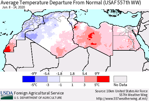 North Africa Average Temperature Departure from Normal (USAF 557th WW) Thematic Map For 6/8/2020 - 6/14/2020