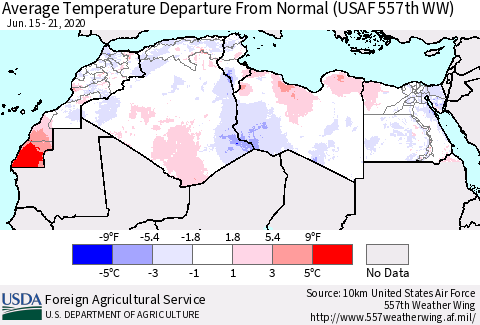 North Africa Average Temperature Departure from Normal (USAF 557th WW) Thematic Map For 6/15/2020 - 6/21/2020