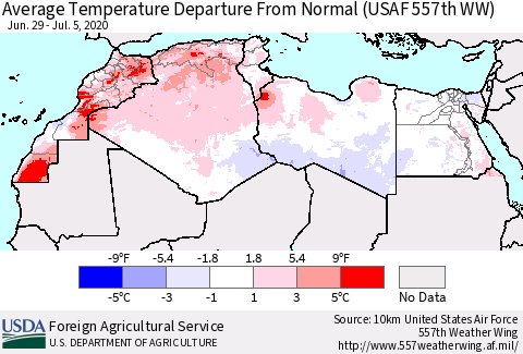 North Africa Average Temperature Departure from Normal (USAF 557th WW) Thematic Map For 6/29/2020 - 7/5/2020