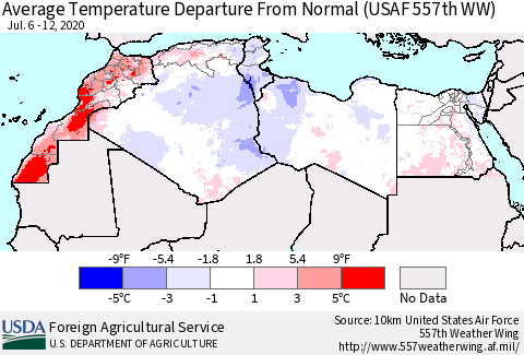 North Africa Average Temperature Departure from Normal (USAF 557th WW) Thematic Map For 7/6/2020 - 7/12/2020