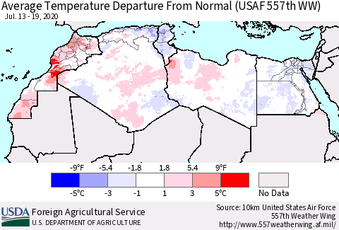 North Africa Average Temperature Departure from Normal (USAF 557th WW) Thematic Map For 7/13/2020 - 7/19/2020