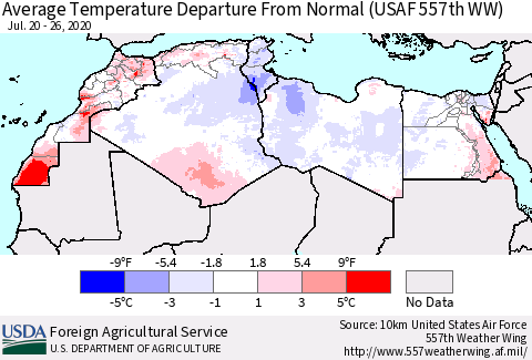 North Africa Average Temperature Departure from Normal (USAF 557th WW) Thematic Map For 7/20/2020 - 7/26/2020