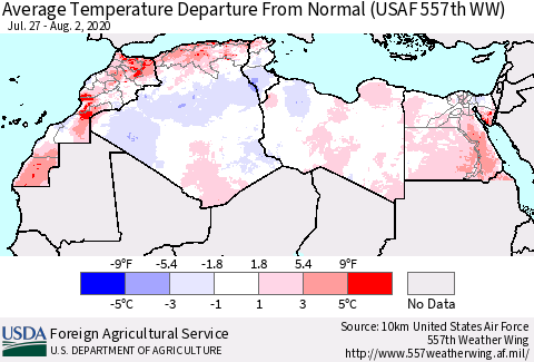 North Africa Average Temperature Departure from Normal (USAF 557th WW) Thematic Map For 7/27/2020 - 8/2/2020