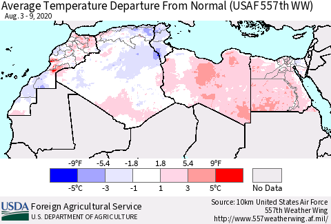 North Africa Average Temperature Departure from Normal (USAF 557th WW) Thematic Map For 8/3/2020 - 8/9/2020