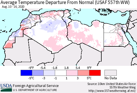 North Africa Average Temperature Departure from Normal (USAF 557th WW) Thematic Map For 8/10/2020 - 8/16/2020