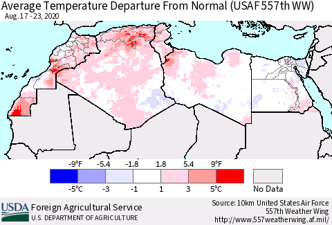 North Africa Average Temperature Departure from Normal (USAF 557th WW) Thematic Map For 8/17/2020 - 8/23/2020