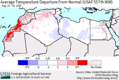 North Africa Average Temperature Departure from Normal (USAF 557th WW) Thematic Map For 8/24/2020 - 8/30/2020