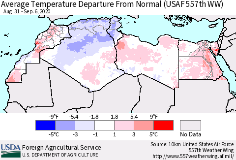 North Africa Average Temperature Departure from Normal (USAF 557th WW) Thematic Map For 8/31/2020 - 9/6/2020