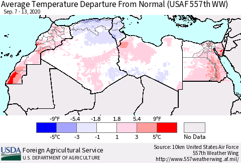North Africa Average Temperature Departure from Normal (USAF 557th WW) Thematic Map For 9/7/2020 - 9/13/2020