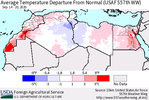 North Africa Average Temperature Departure from Normal (USAF 557th WW) Thematic Map For 9/14/2020 - 9/20/2020