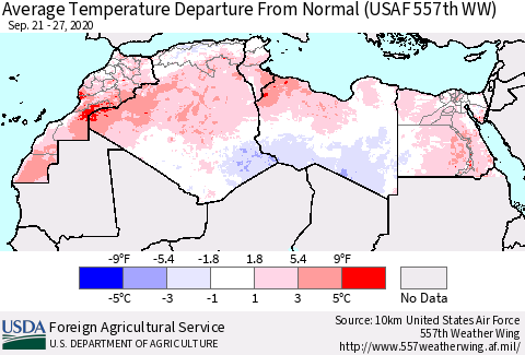 North Africa Average Temperature Departure from Normal (USAF 557th WW) Thematic Map For 9/21/2020 - 9/27/2020