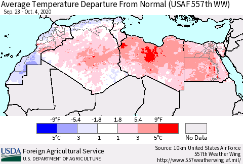 North Africa Average Temperature Departure from Normal (USAF 557th WW) Thematic Map For 9/28/2020 - 10/4/2020