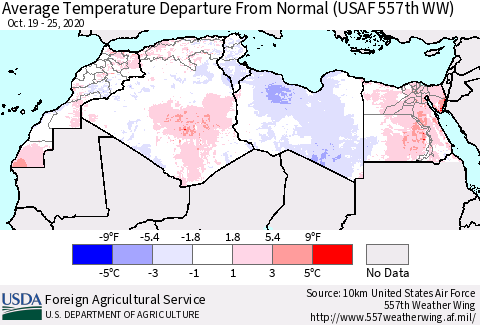 North Africa Average Temperature Departure from Normal (USAF 557th WW) Thematic Map For 10/19/2020 - 10/25/2020