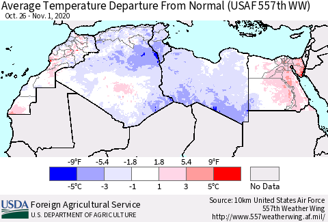 North Africa Average Temperature Departure from Normal (USAF 557th WW) Thematic Map For 10/26/2020 - 11/1/2020