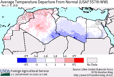 North Africa Average Temperature Departure from Normal (USAF 557th WW) Thematic Map For 11/2/2020 - 11/8/2020