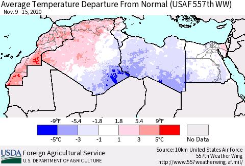 North Africa Average Temperature Departure from Normal (USAF 557th WW) Thematic Map For 11/9/2020 - 11/15/2020