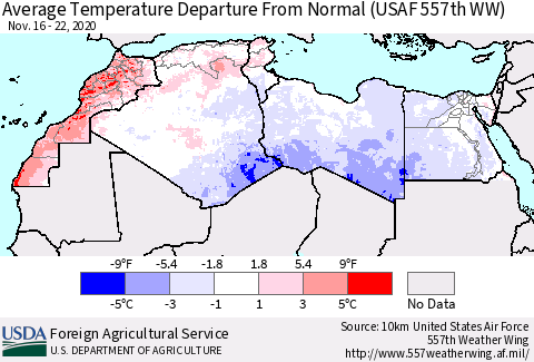 North Africa Average Temperature Departure from Normal (USAF 557th WW) Thematic Map For 11/16/2020 - 11/22/2020
