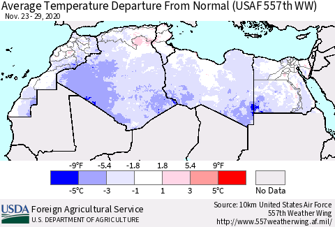 North Africa Average Temperature Departure from Normal (USAF 557th WW) Thematic Map For 11/23/2020 - 11/29/2020