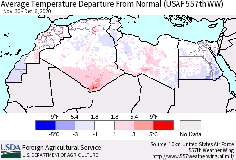 North Africa Average Temperature Departure from Normal (USAF 557th WW) Thematic Map For 11/30/2020 - 12/6/2020