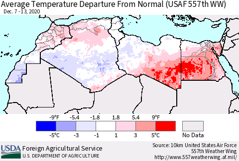 North Africa Average Temperature Departure from Normal (USAF 557th WW) Thematic Map For 12/7/2020 - 12/13/2020