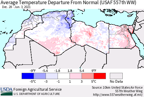 North Africa Average Temperature Departure from Normal (USAF 557th WW) Thematic Map For 12/28/2020 - 1/3/2021