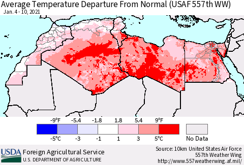 North Africa Average Temperature Departure from Normal (USAF 557th WW) Thematic Map For 1/4/2021 - 1/10/2021