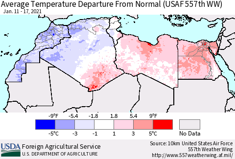 North Africa Average Temperature Departure from Normal (USAF 557th WW) Thematic Map For 1/11/2021 - 1/17/2021