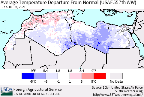 North Africa Average Temperature Departure from Normal (USAF 557th WW) Thematic Map For 1/18/2021 - 1/24/2021