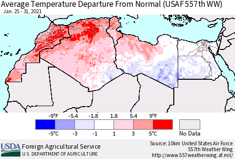 North Africa Average Temperature Departure from Normal (USAF 557th WW) Thematic Map For 1/25/2021 - 1/31/2021