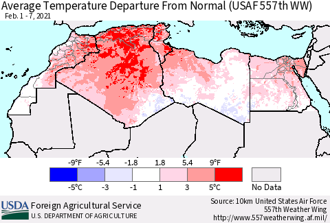 North Africa Average Temperature Departure from Normal (USAF 557th WW) Thematic Map For 2/1/2021 - 2/7/2021